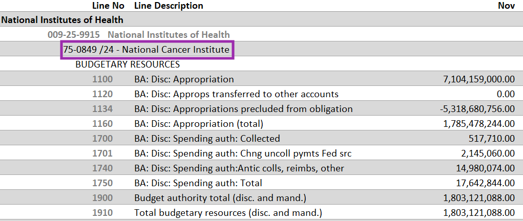 Screenshot of a SF-133 report for the National Cancer Institute.